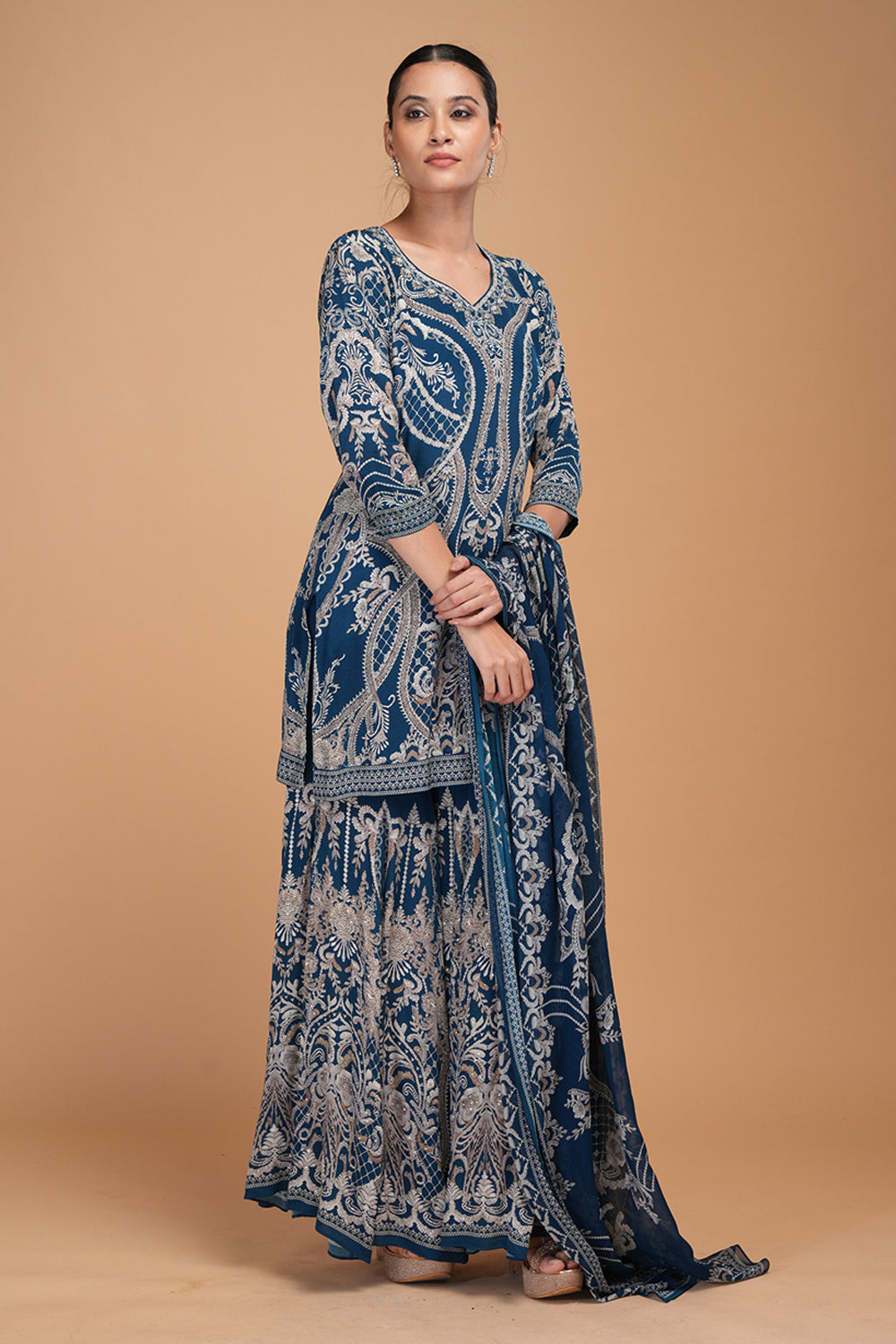 Blue Printed Sharara Set