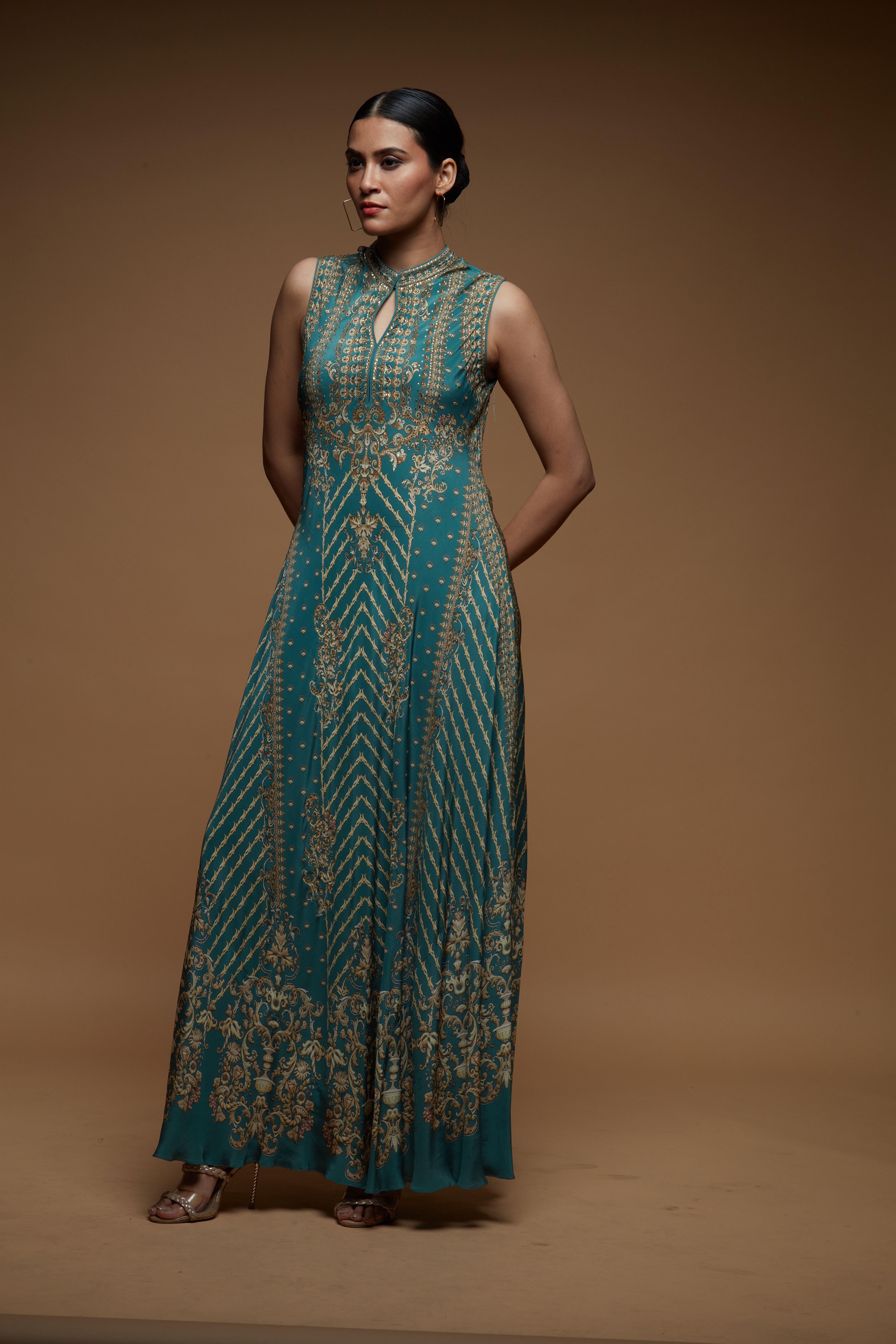 Aqua Color Halter Gown