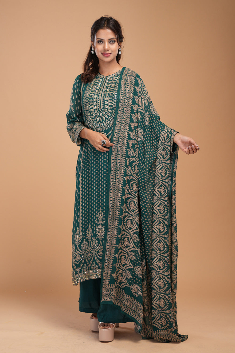 Teal Embellished Kurta Set