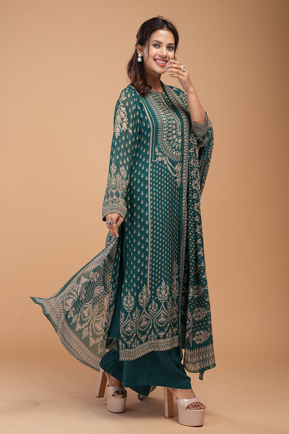 Teal Embellished Kurta Set