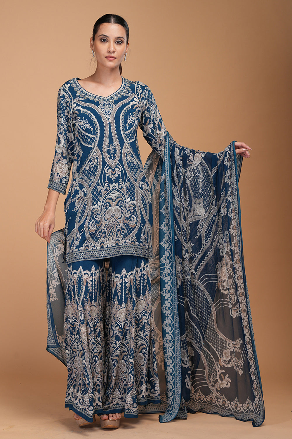 Blue Printed Sharara Set