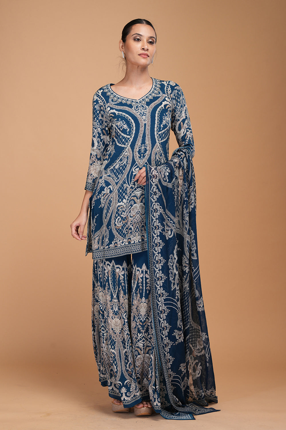 Blue Printed Sharara Set