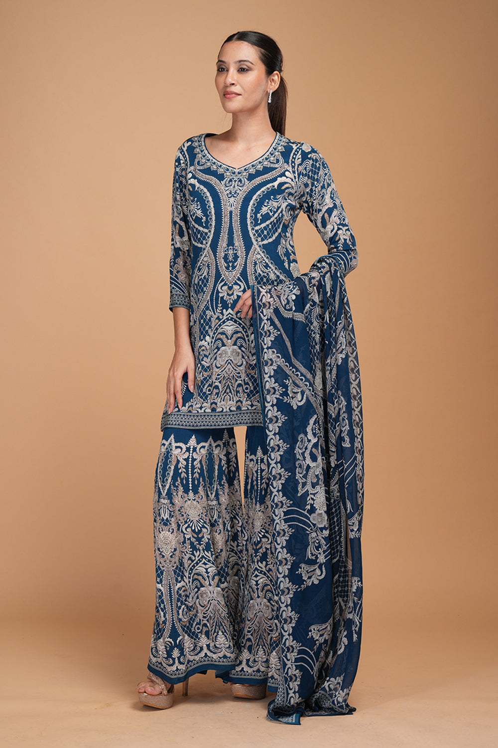 Blue Printed Sharara Set